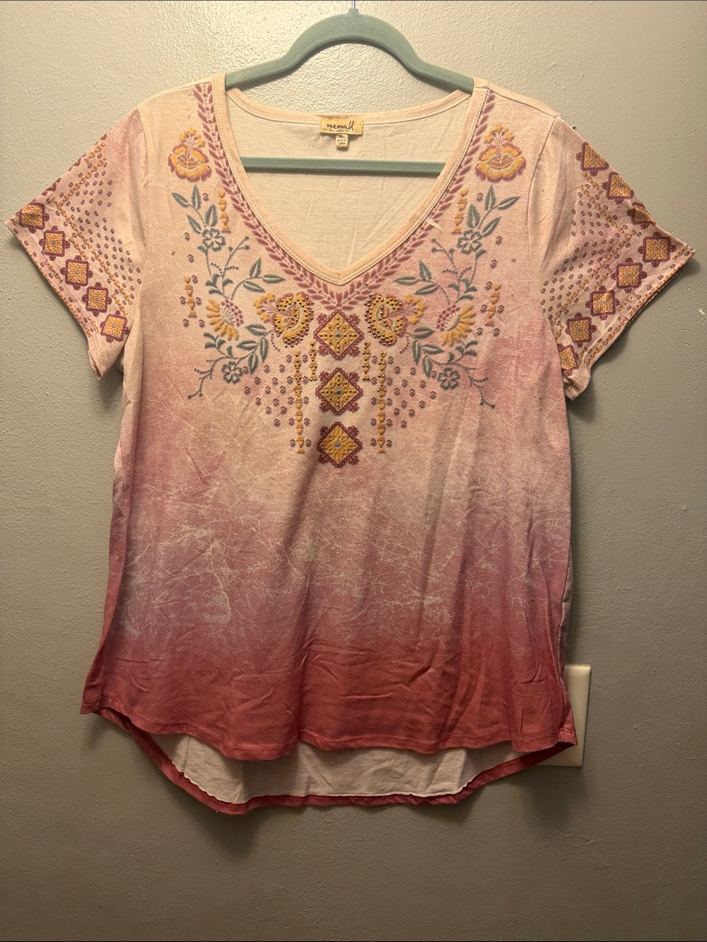 ONE WORLD Pink Ombre Embellished V-Neck Tee